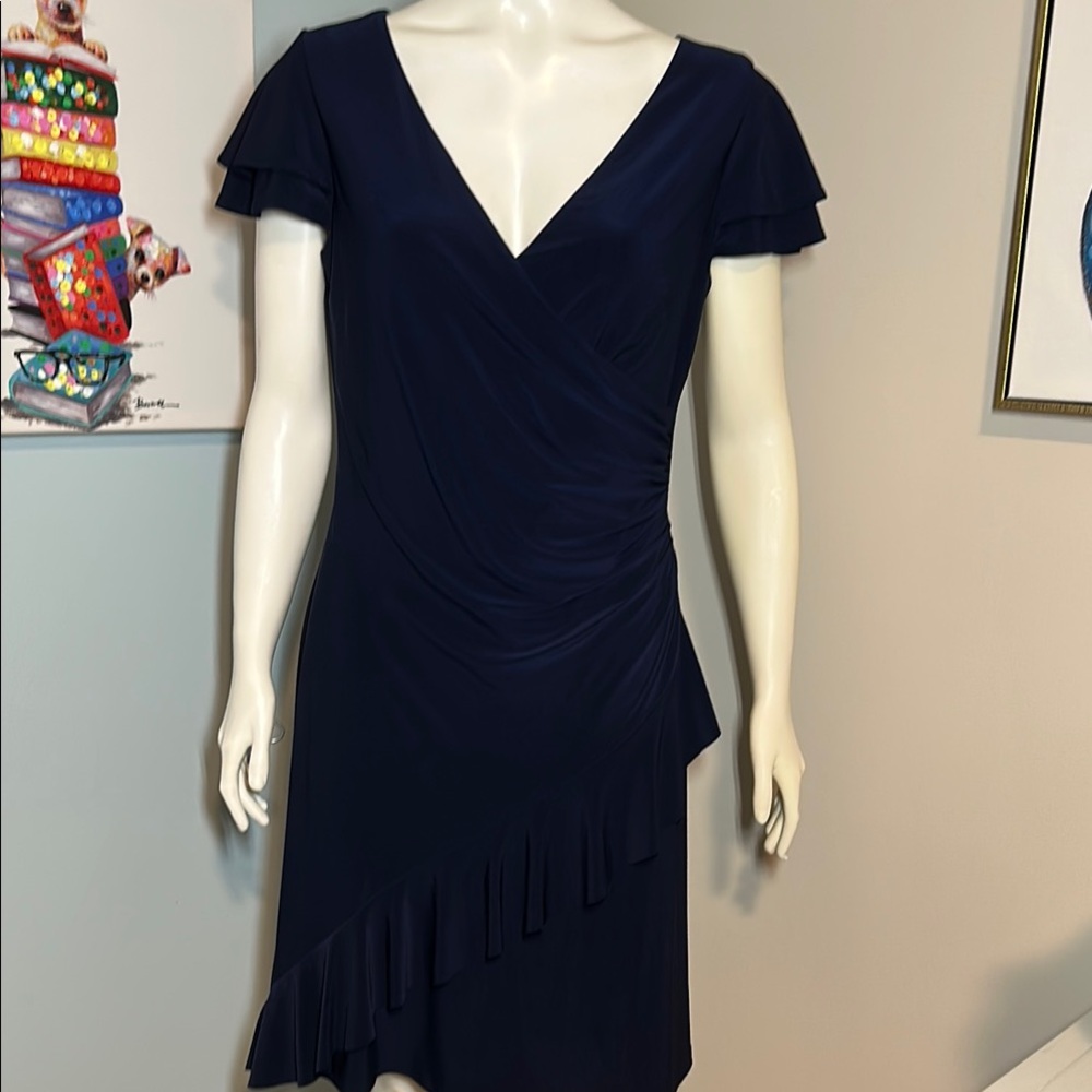 Ralph Lauren Navy Blue Ruched Faux Wrap Dress  size 6